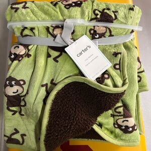 Carters Green Brown Monkey Baby Blanket Sherpa Security Lovey 30x40" New w/tags